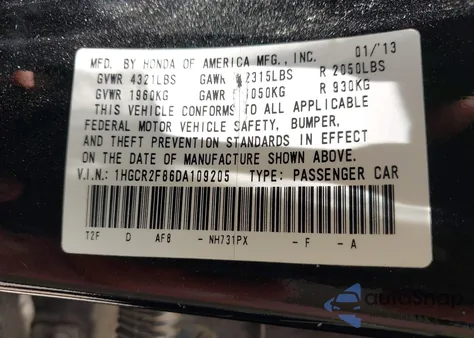 2013 Honda Accord Ex-L from USA, damaged, VIN 1HGCR2F86DA109205